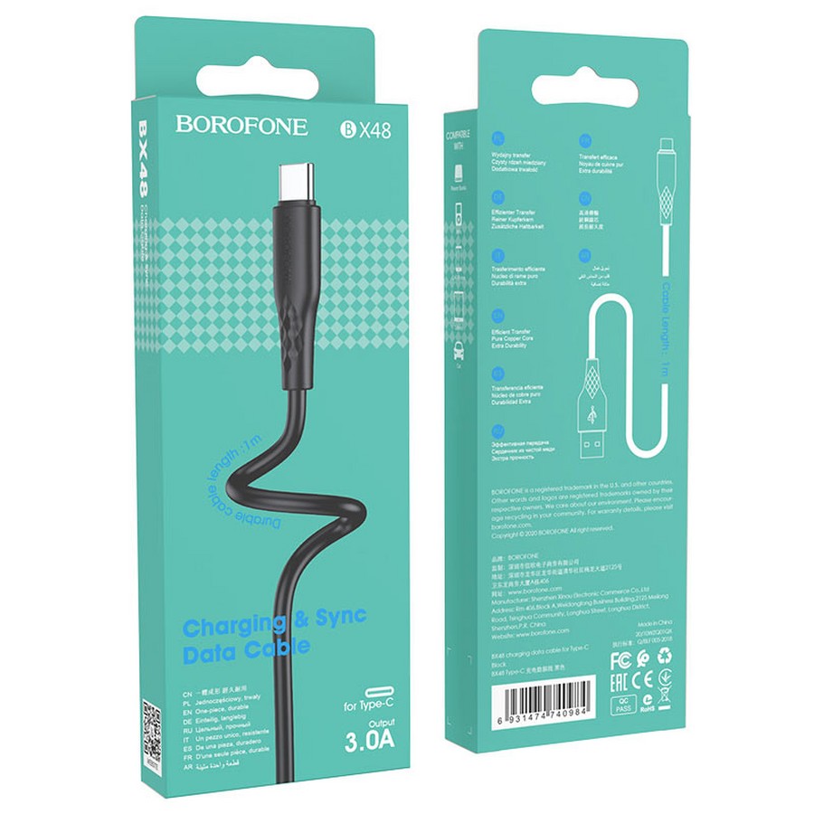 Аксессуары для сотовых оптом: USB кабель Borofone BX48 Type-C 3.0A черный