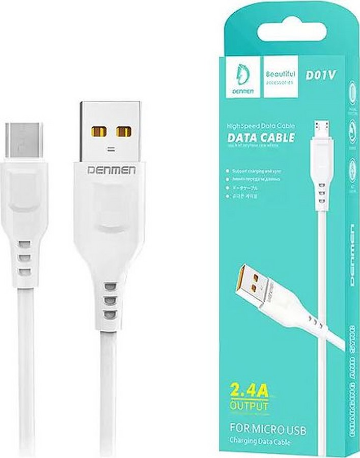 Аксессуары для сотовых оптом: USB кабель DENMEN D01V Micro 2.4A 1m белый