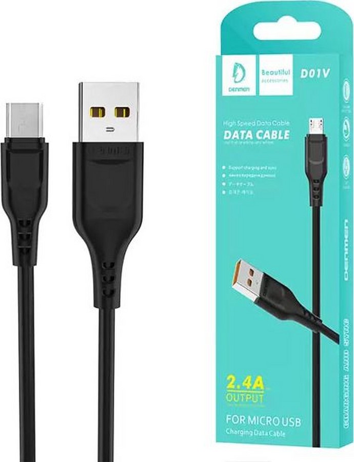 Аксессуары для сотовых оптом: USB кабель DENMEN D01V Micro 2.4A 1m черный