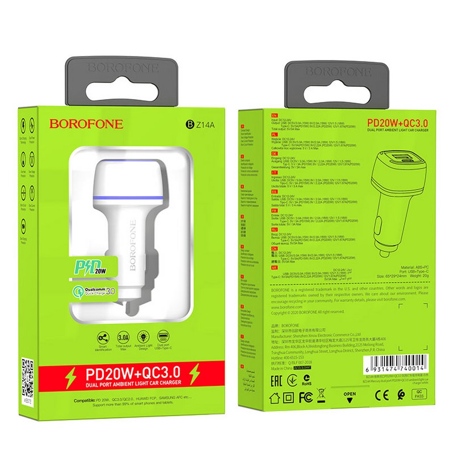 Аксессуары для сотовых оптом: AЗУ Borofone BZ14A PD+Quick Charge 3.0 USB/Type-C белый