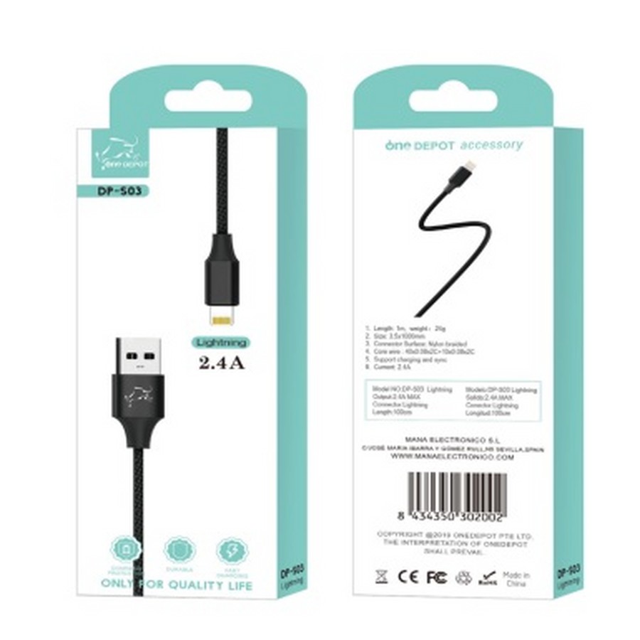 Аксессуары для сотовых оптом: USB кабель QNE DEPOT DP-S03 Lighthing 1m 2.4A ткань, черный