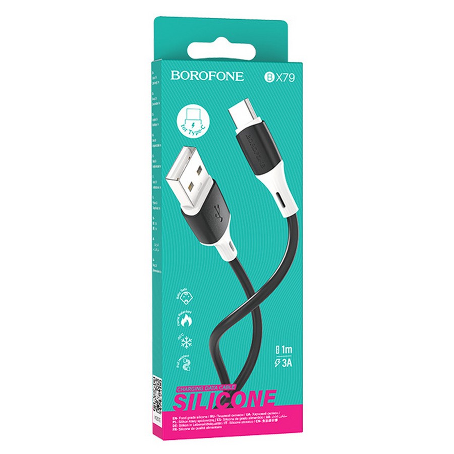 Аксессуары для сотовых оптом: USB кабель Borofone BX79 Type-C 2.4A черный silicone