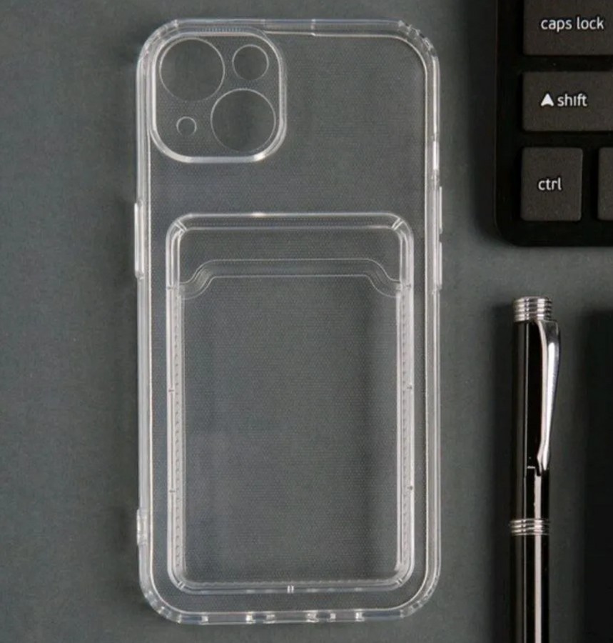 Аксессуары для сотовых оптом: Силиконовая накладка с отсеком для карты с защитой камеры Apple iPhone 14 Max прозрачный