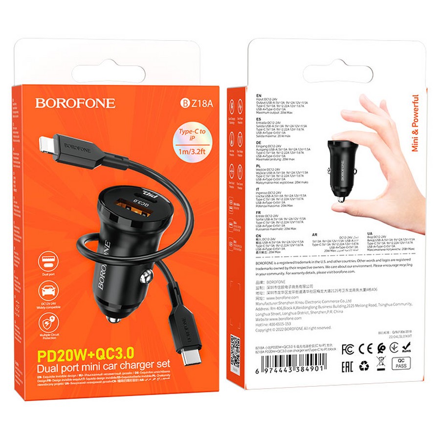 Аксессуары для сотовых оптом: AЗУ Borofone BZ18A PD20W Quick Charge 3.0 USB/Type-C шнур Type-C/Lightning 1m черный