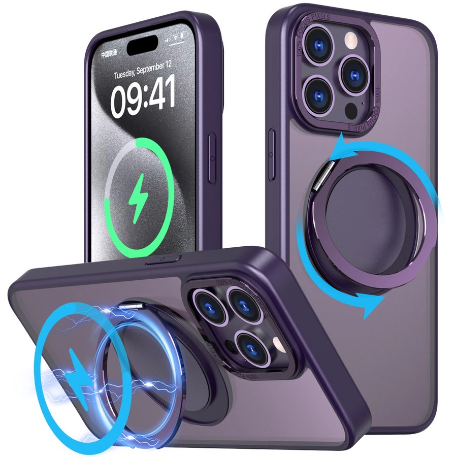 Аксессуары для сотовых оптом: Накладка пластик матовый с окантовкой Magsafe с кольцом для Apple iPhone 14 Pro Max фиолетовый