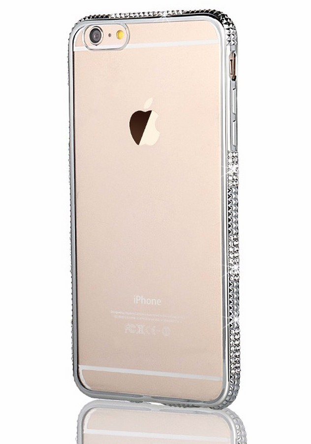 Аксессуары для сотовых оптом: Силиконовая накладка бампер со стразами для Apple iPhone 5G серебро