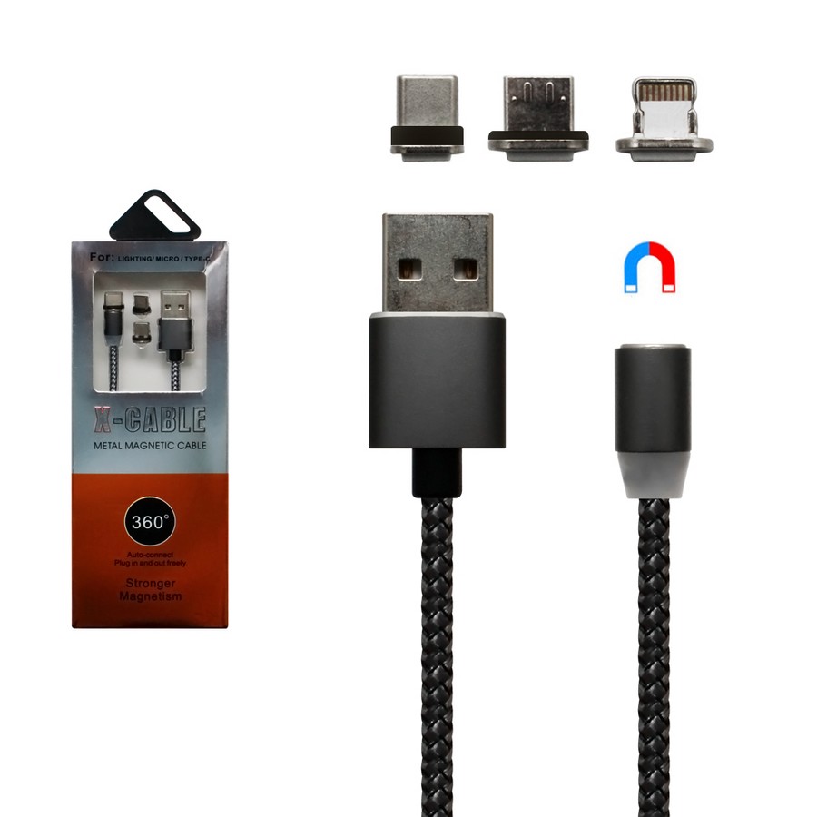 Аксессуары для сотовых оптом: USB кабель X-CABLE 3 в 1 на магните lightning/micro/Type-C USB графит