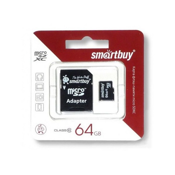 Аксессуары для сотовых оптом: MicroSD SmartBuy 64 Гб с адаптером HC класс 10