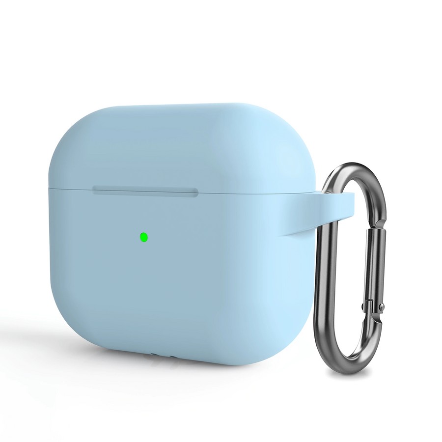 Аксессуары для сотовых оптом: Силиконовый чехол с карабином для Apple AirPods 3 светло-голубой