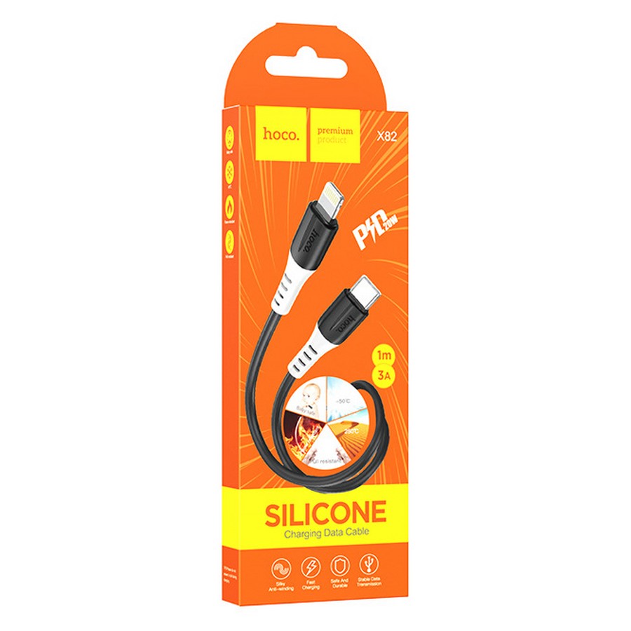 Аксессуары для сотовых оптом: USB кабель Hoco X82 Lightning/Type-C 1m 3.0A черный silicone