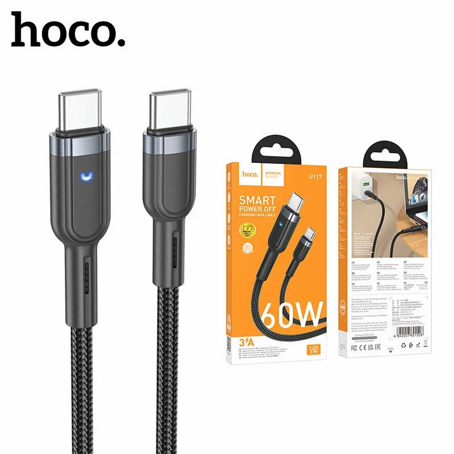 Аксессуары для сотовых оптом: USB кабель Hoco U117 60W 3A Type-C-Type-C 1.2m ткань черный
