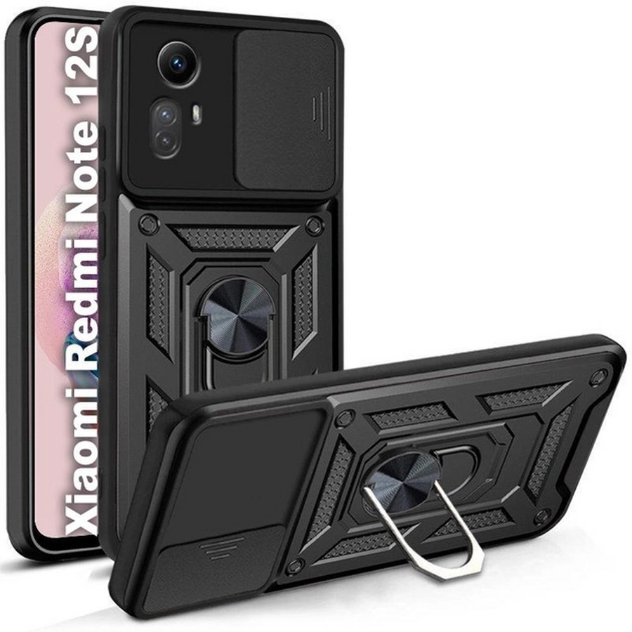 Аксессуары для сотовых оптом: Противоударная накладка с защитой камеры Armor Case с кольцом для Xiaomi Redmi Note 12S черный