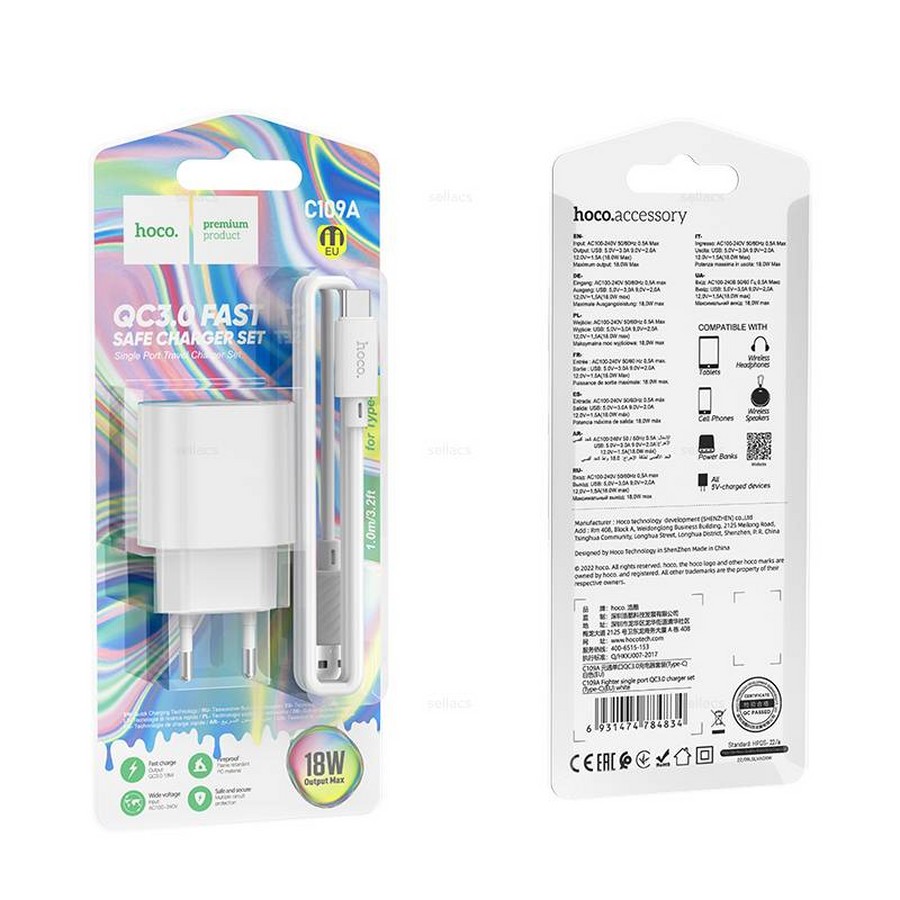 ���������� ��� ������� �����: ��� Hoco C109A Quick Charge 3.0 1USB 18W ������ Type-C 1m �����