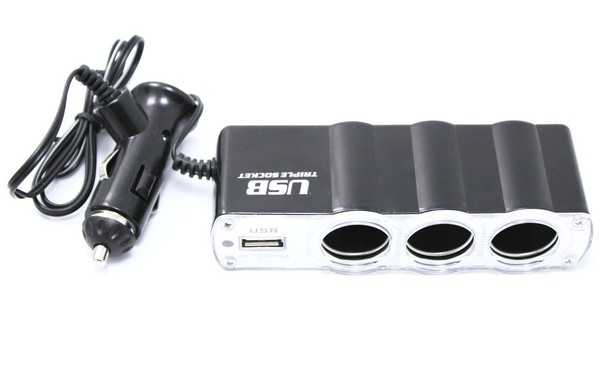 Аксессуары для сотовых оптом: Разветвитель прикуривателя на 3 гнезда С USB со шнуром WF-0120