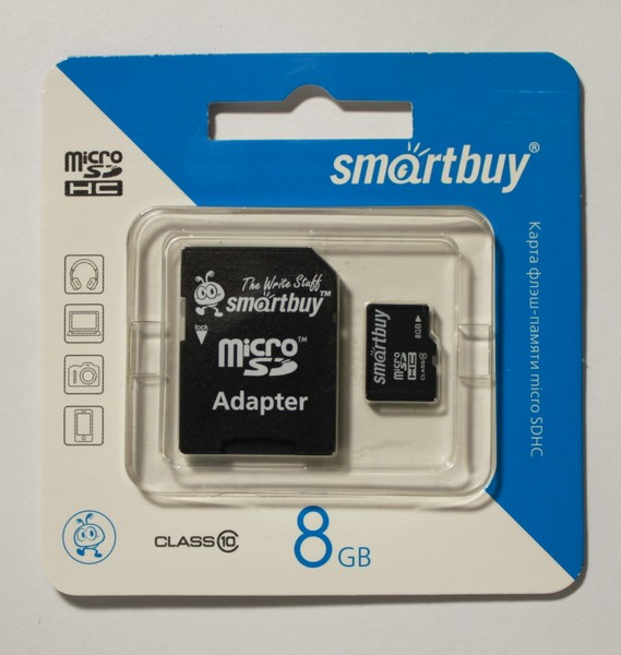 Аксессуары для сотовых оптом: MicroSD SmartBuy 8 Гб с адаптером HC класс 10