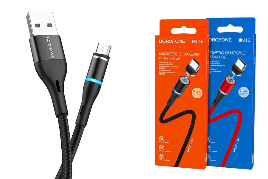 Аксессуары для сотовых оптом: USB кабель Borofone Magnetic BU16 micro 1.2m черный