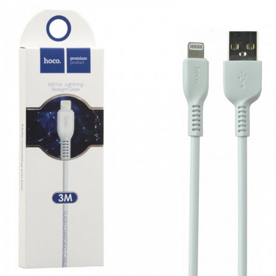 Аксессуары для сотовых оптом: USB кабель Hoco X20 Lightning 3m/2A белый